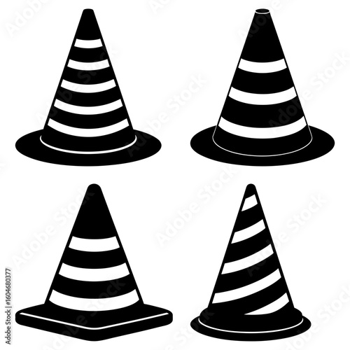 Illustration of four black and white striped traffic cones with varying base shapes and stripe patterns