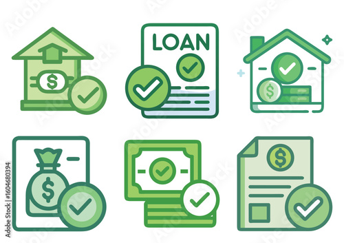 Various approved financial icons depicting loan applications, mortgages, and investments