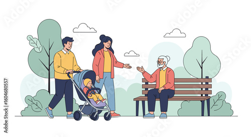 A joyful family strolls through a park encountering an elder sitting peacefully on a bench enjoying the fresh air and sunshine