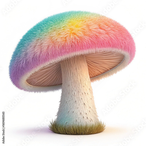 Whimsical rainbow fuzzy mushroom isolated on white background