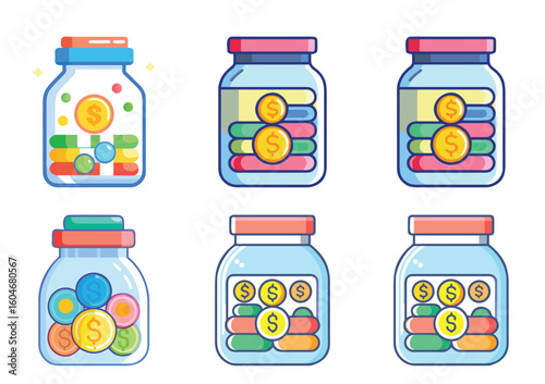 Collection of cute cartoon money jars with different amounts of money