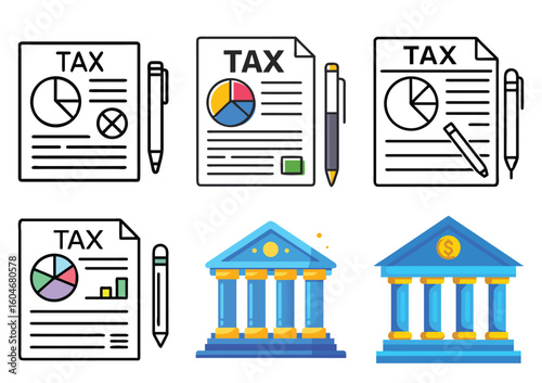 Vector illustration of tax document with financial report and bank building