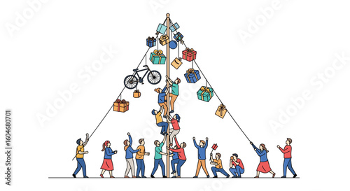 People climbing a festive pyramid decorated with gifts and a bicycle towards a shining star symbolizing holiday cheer and community effort during a celebration