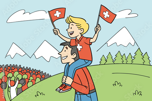 Father carrying son waving swiss flags in mountains piggyback