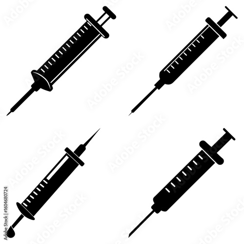 Four black and white syringe illustrations with needles and plungers in varying orientations on white