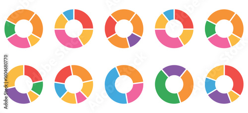 Colorful Pie Charts Displaying Data Distribution. Colorful pie chart collection for business reports and data analysis presentations, modern infographics resource. 