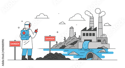 Environmental scientist assesses industrial pollution and its impact on water quality and surrounding landscape