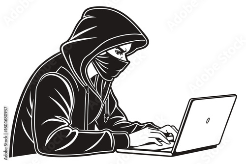 Hooded figure typing on laptop black and white illustration hacker mask