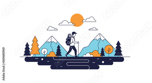 Adventurous Hiker with Backpack Exploring Majestic Mountains Under a Sunny Sky With Clouds