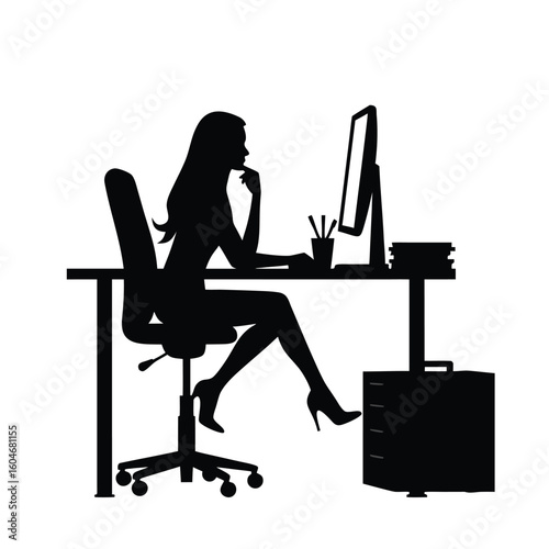 Woman working at desk with computer and filing cabinet silhouette chair