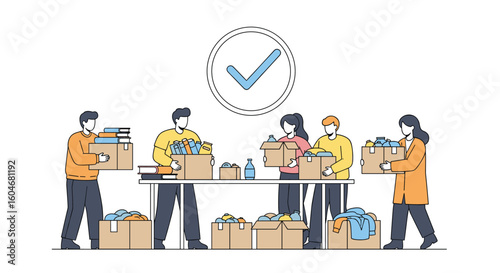 People working together to sort and pack donations for charity organizations and community support programs