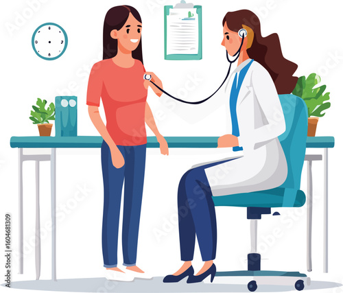 a doctor listening to a patient's heartbeat with a stethoscope in a clinic room