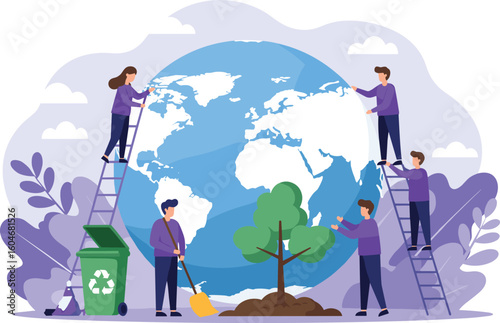 Community teamwork environmental care, global planet cleaning, recycling effort, nature conservation, tree planting, sustainable earth protection, eco-friendly teamwork concept