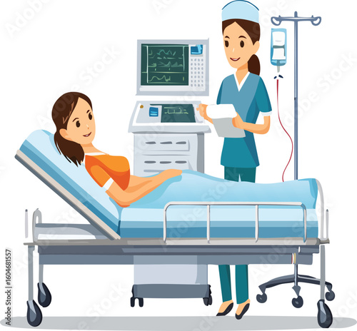a patient resting on a hospital bed connected to an IV drip stand, bedside monitor and nurse