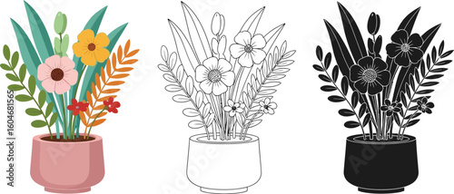 Vector flower pot illustration of floral arrangement with different styles for decoration ideas