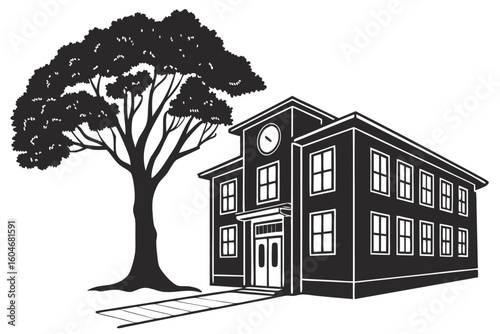 Minimalist vector illustration of a two story school building with a large tree black and white architecture