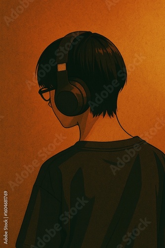 ヘッドフォンで音楽を聴く少年の後ろ姿	