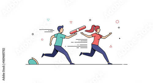 Athletes in a pixel art style race passing a baton in a vibrant and energetic competition