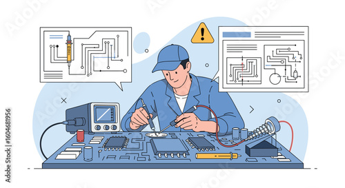 Skilled technician meticulously repairs electronic components with advanced tools and detailed circuit diagrams displayed overhead