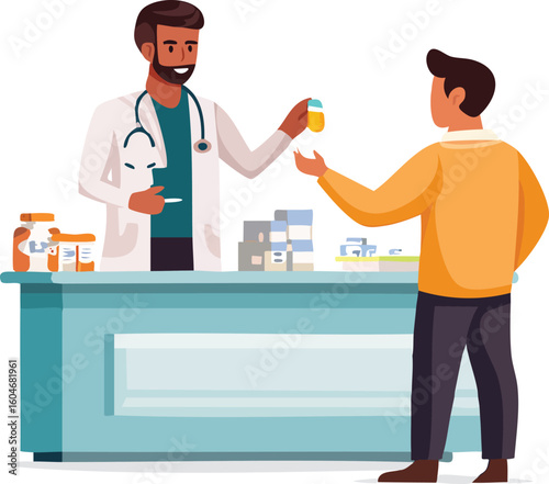 a pharmacy scene with pharmacist handing medicine to a person across the counter