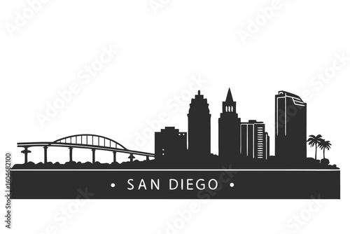 San Diego skyline silhouette with bridge and palm trees buildings