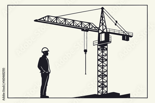 Silhouette man observing tower crane hard hat