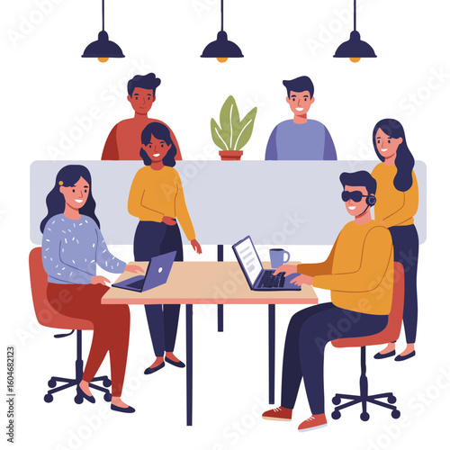 Visually impaired man using screen reader in coworking office