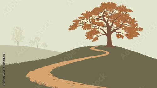 Autumn landscape painting of a winding path leading to a tree on a hill in a misty environment landscape
