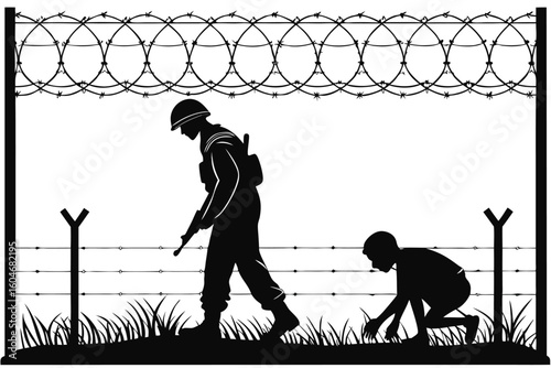 Soldier guarding child near barbed wire fence grass