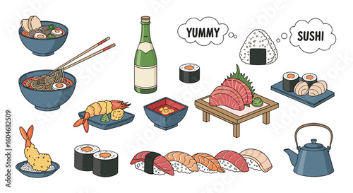 Pixel Art Collection of Delicious Japanese Food and Beverages Featuring Sushi Rolls and Tempura Delicacies