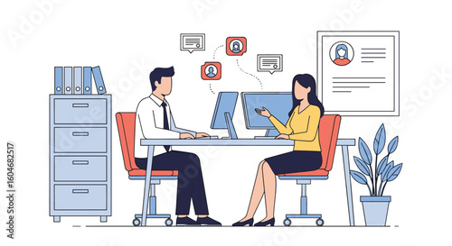 Two professionals are having a conversation at their desks in a modern office setting with plants and decorations on the wall