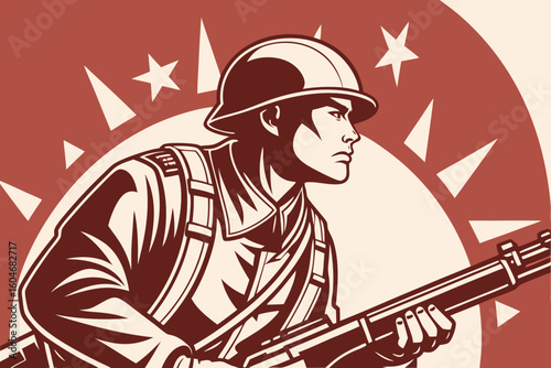 Stylized soldier holding rifle with stars and rays helmet uniform