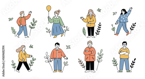 Diverse Group of People Enjoying Outdoor Activities Surrounded by Lush Greenery and Delicate Floral Accents Representing Nature and Connection
