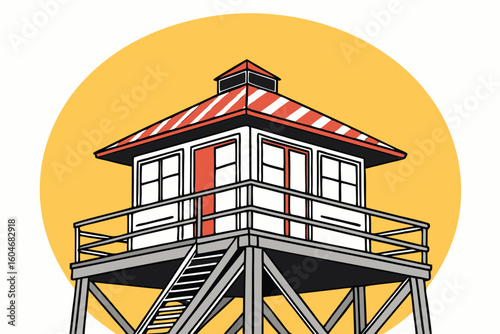 Vector graphic lookout tower with red striped roof and orange circle background observation deck white building