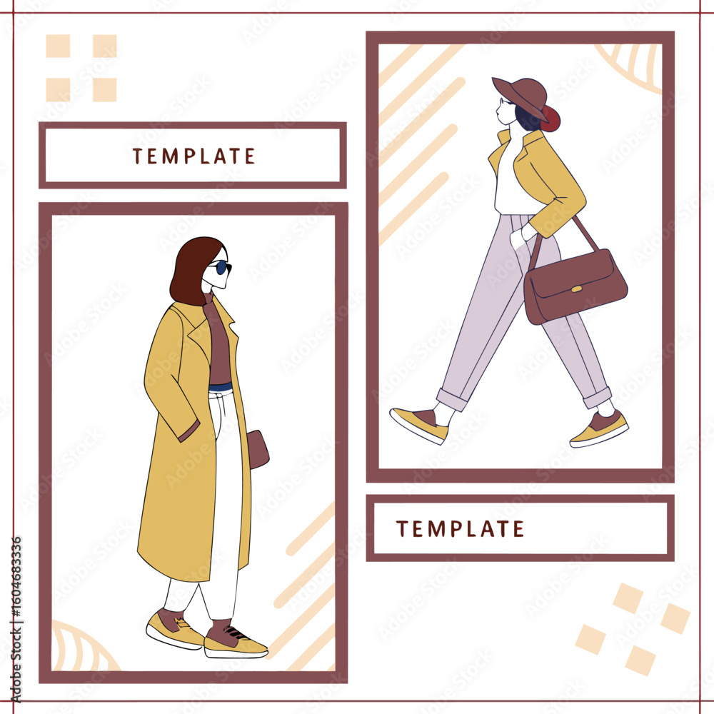 Obraz premium Illustration of two women in fashionable outfits as part of a template design layout with frames