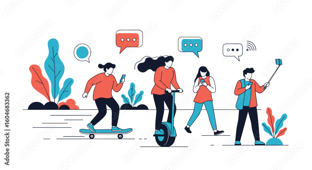 Fototapeta premium Modern people engage in mobile communication and use electric personal transport devices outdoors enjoying a sunny day with stylized plants and blue sky