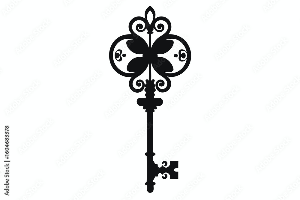 Obraz premium Elegant Antique Key Silhouette on White Background for Design and Decoration projects or Security related concepts
