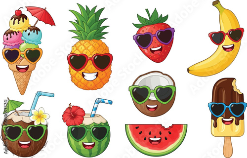 Cartoon summer fruits and desserts wearing sunglasses for kids illustration vector design