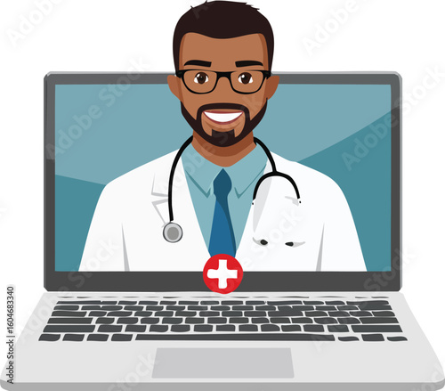 Doctor on a screen video-calling a patient at home, digital health and remote consultation concept
