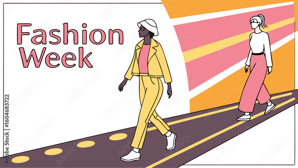Fototapeta premium Two models walking on a runway during fashion week with colorful background and stylish outfits displayed, quite chic