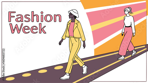 Two models walking on a runway during fashion week with colorful background and stylish outfits displayed, quite chic