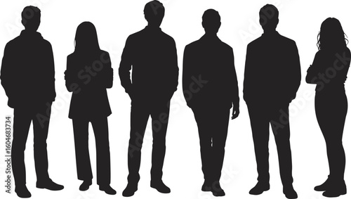 Group of people silhouettes standing in casual poses, diverse characters, black shadow figures on white background, vector illustration concept design.