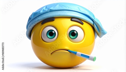 A 3D illustration of a sick emoticon character with a thermometer in its mouth and a blue cap, representing illness and fever.