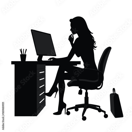 Woman working on computer at desk with office chair and bag silhouette
