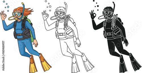 Scuba diving illustration set with divers underwater with ok hand sign in color and black