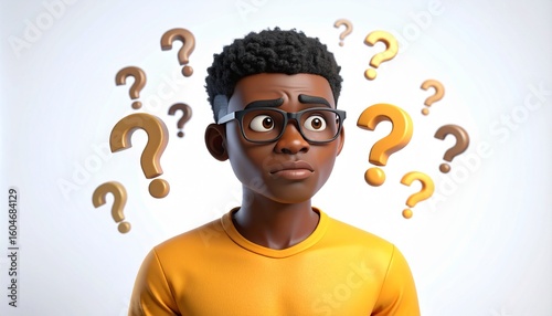 An animated character looking puzzled, surrounded by floating question marks. Concept of confusion, doubt, and inquiry.