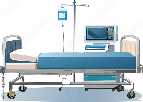 a modern adjustable hospital bed with attached monitor and IV pole inside view