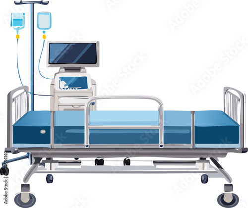 a modern adjustable hospital bed with attached monitor and IV pole inside view