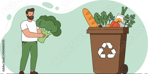 Man holding broccoli near recycling bin filled with food waste and vegetables, promoting composting, sustainability, and zero waste lifestyle concept