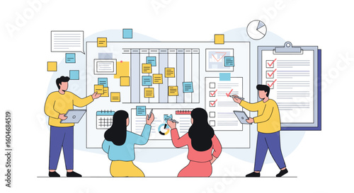 Agile project management team collaborating on tasks using sticky notes and kanban board for efficient workflow planning and execution